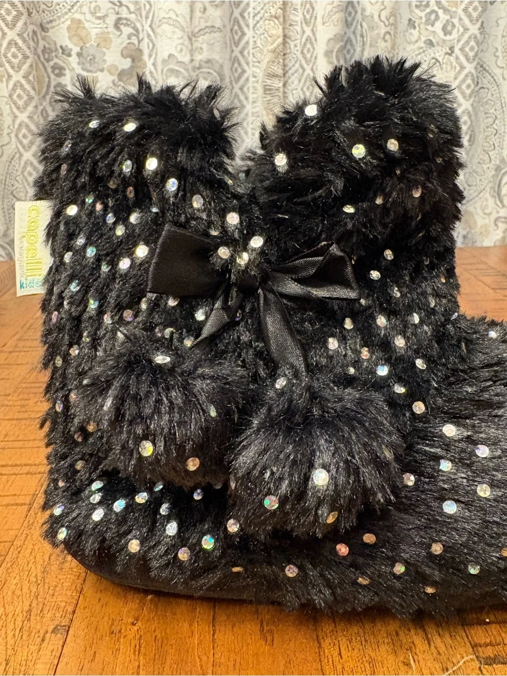 Capelli of New York Black Faux-Fur Sequin Ankle Boot Slippers with Bow Accent